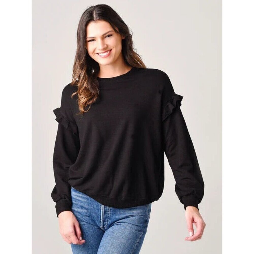 MONROW Sweatshirt Womens Size Small Black Super Soft‎ Ruffle Crewneck Pullover